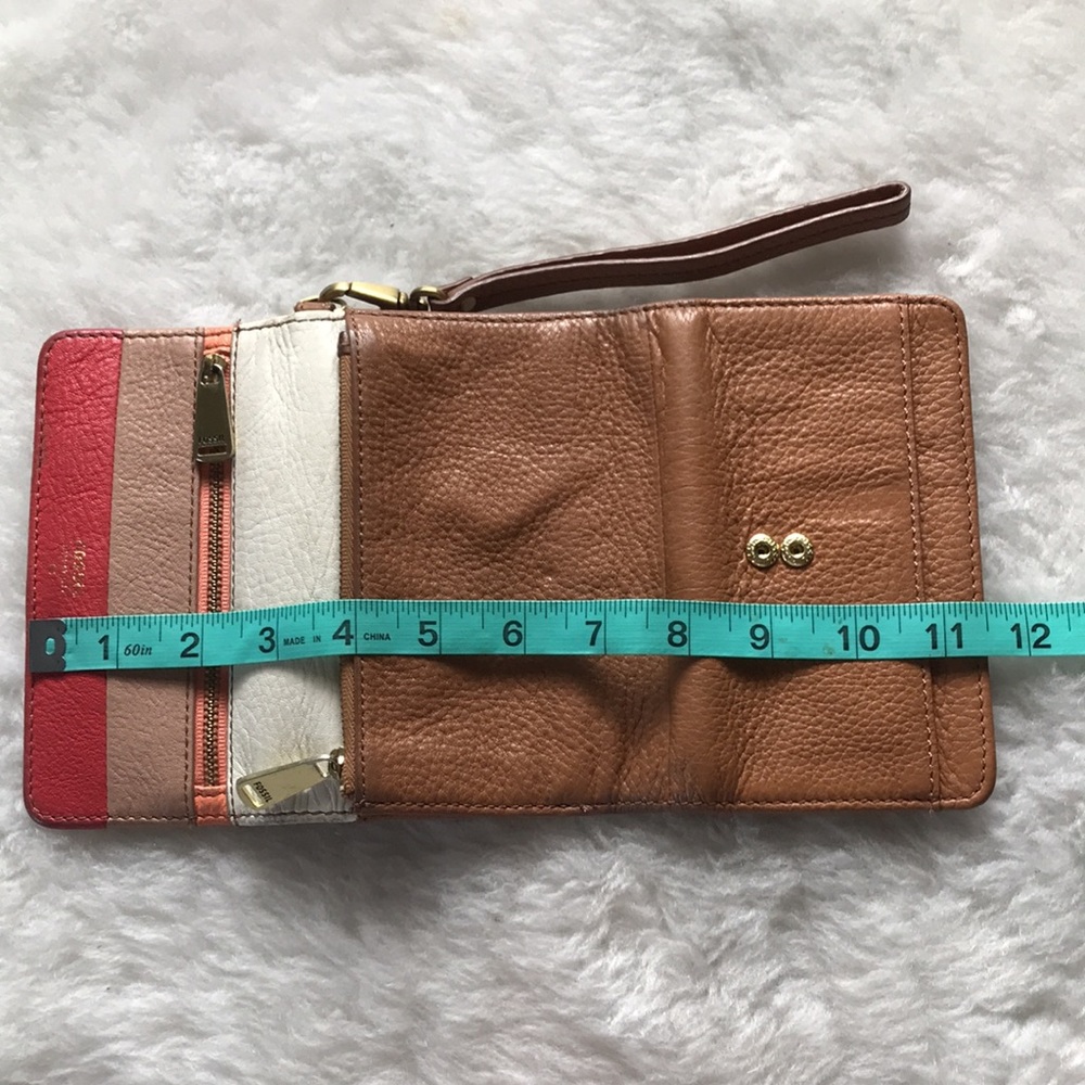 Fossil Color Block Tan Red Trifold Wallet Clutch - image 5